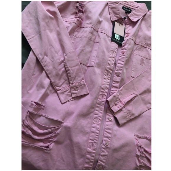 PLT | Pink Oversized Distressed Denim Shirt - Picture 6 of 10